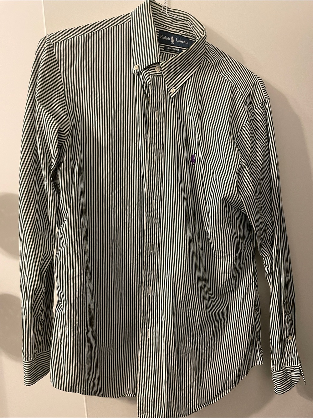 Ralph Lauren Men's Green and White Stripe Button-Down Shirt with purple pony